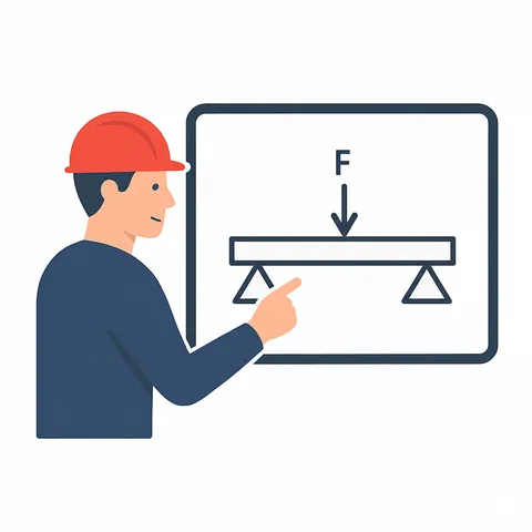 Illustration of an engineer explaining a simply supported beam with a point load F